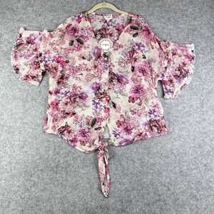Umgee Top Blouse Womens M Floral Sheer Button Tie Front Ruffle Sleeve Romantic*